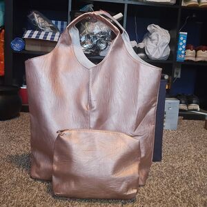 Rose Gold Faux Leather Tote Bag + Matching Cosmetic Pouch | Large Capacity